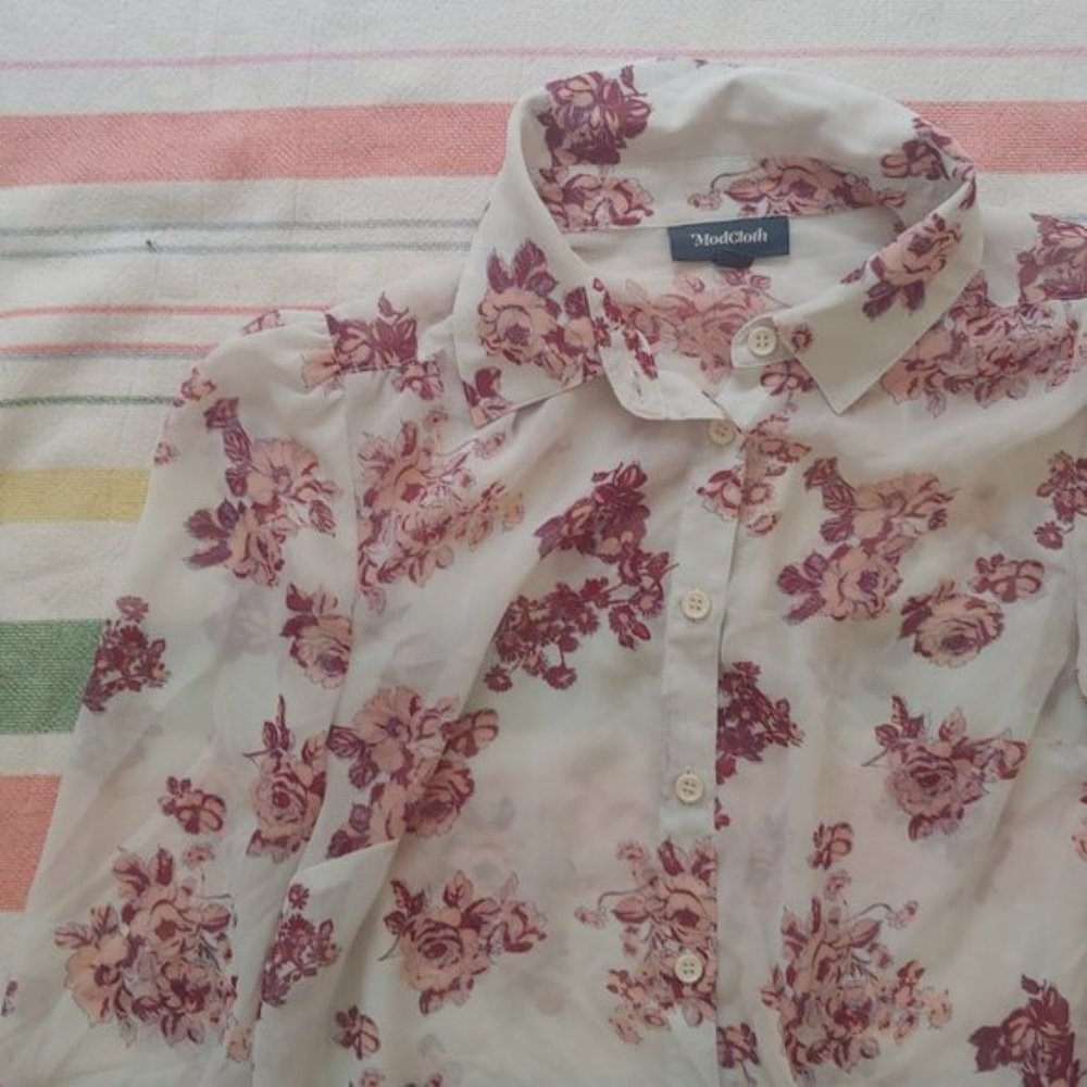 Modcloth Be Buzzworthy White Chiffon Blouse Floral - Picture 4 of 15